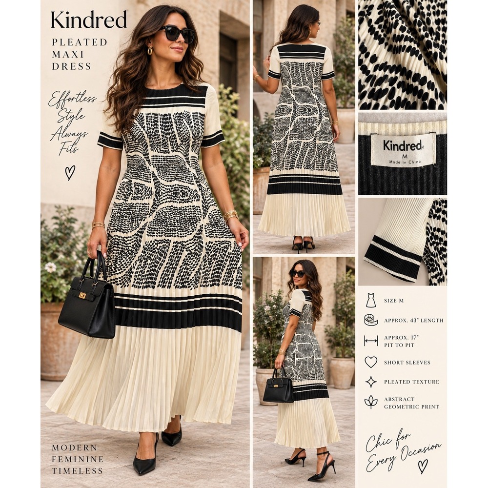 Kindred Pleated Maxi Dress M Cream Black Abstract Geometric Short Sleeve Print